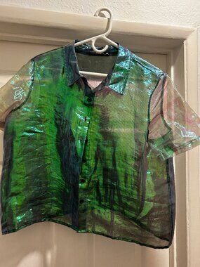 Green Iridescent/Sheer Short Sleeve Collared Button Down